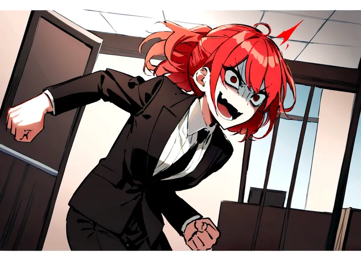 red hair, black suit, punching, scary smile, office, daytime, vigorous