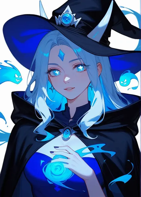 (Fraction_9,Fraction_8_Direction_7_up),1 Woman,White pupil，Blue Ghost, soul，Ghost，White horns，demon woman,beauty的_Face,beauty,Wearing blue Greek clothing，Surrounded by souls，Wearing a black hat、Draped in a black cloak、Witch in blue dress, Dark Witch Charac...