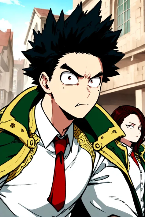 Screenshot My hero Academia.    A boy with hair above his shoulder, black hair with some dark blue strands, with a serious expression, medium reddish brown eyes, mole under left eye, somewhat protruding fangs, He is wearing a white shirt with green details...