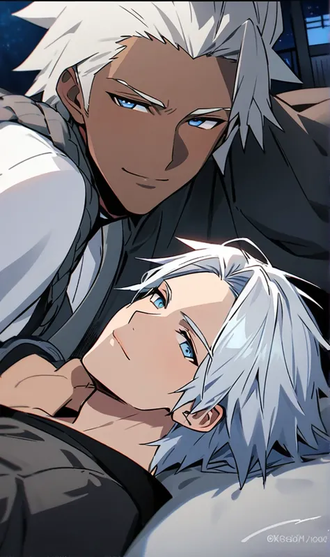 Character masculine From The king of figthers, k Dash Lying on a futon with a soft smile on your lips in a night mood , white hair, grayish blue eyes, dark skin, corpo musculoso tonificado 