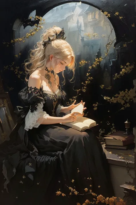 In the painting, a woman in a black dress sits on the windowsill，Holding a book in hand, Fantasy Book Illustrations, Charlie Bowart&#39;s Style, charlie bowater rich dark, Beautiful digital artwork, Beautiful fantasy art, Stunning digital illustrations, fa...