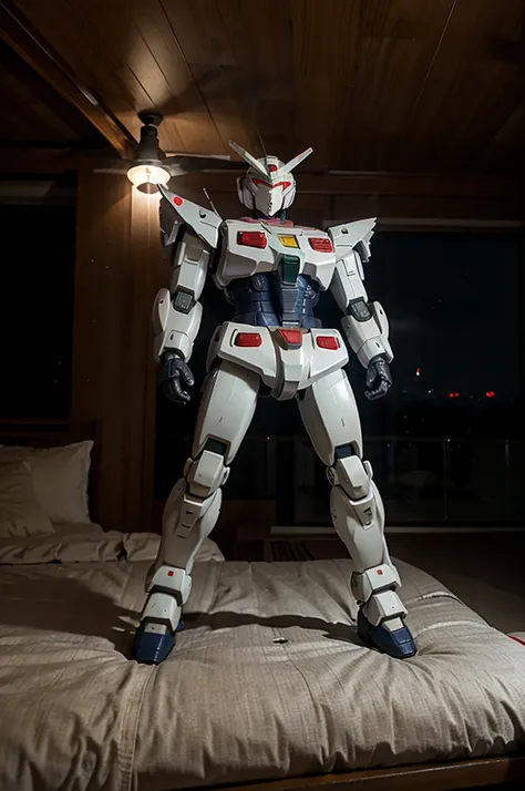 a Gundam robot on bedroom table, at night, japan
