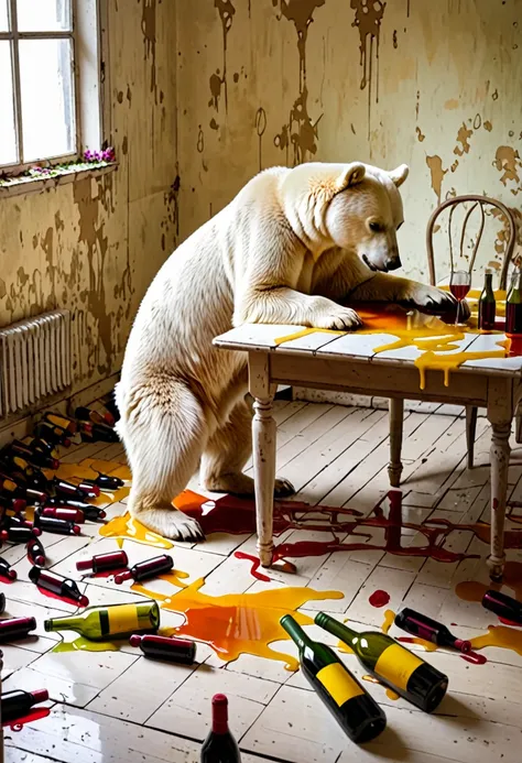 A White Bear touching own self in a shabby room，The yellowed dining table in the room is covered with vegetable juice，Dozens of empty wine bottles were scattered on the ground.