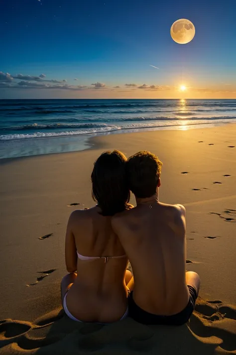 A couple sitting back to back on a beach in the sand watching the moon