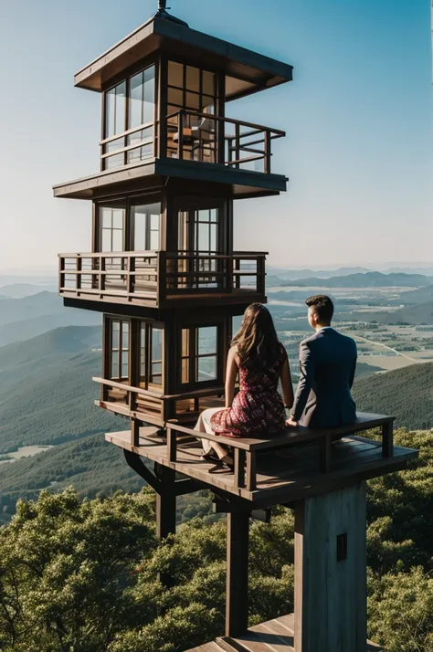 Couples sitting on  view tower