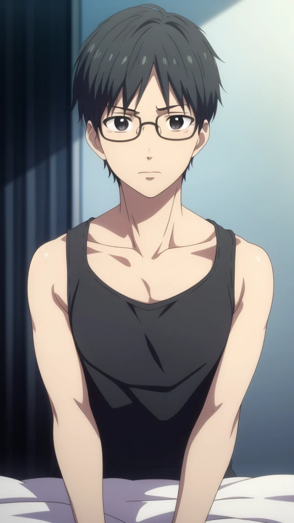 masterpiece, best quality, high quality, 1boy, solo, male focus, looking at viewer, upper body, takezou_kurata, black hair, black eyes, glasses, , tank top