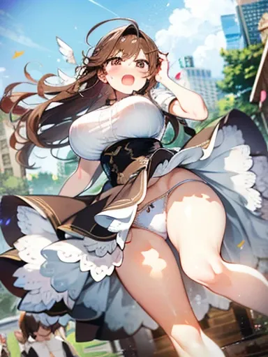 In the middle of a crowd、Center of attention、blush、Angry face、Wavy Hair、Big Tits、Huge breasts、White underwear、Brown Hair