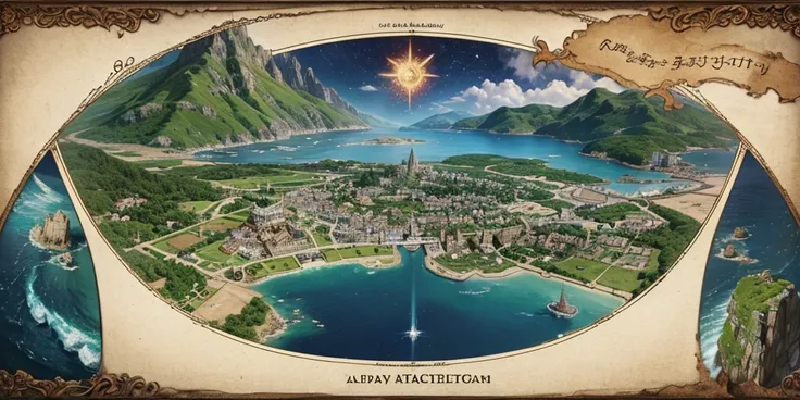 High quality, fantasy world, planisphere, heroic, lots of towns and villages, different architecture, map of the kingdom,