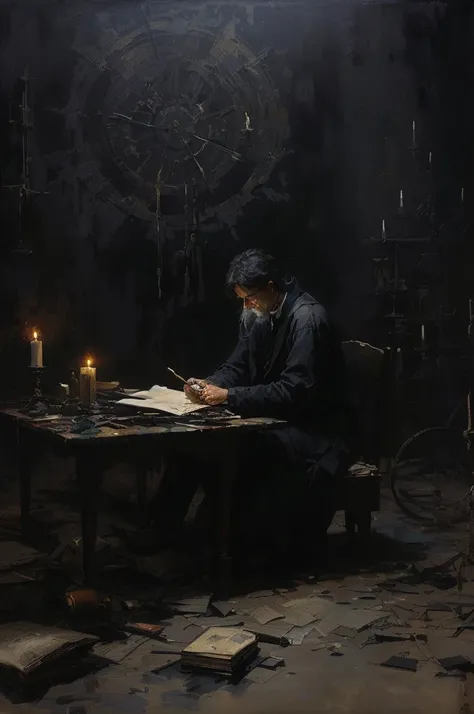 Painting of a man sitting at a table writing a book, Thomas Eakins and Beksinski, author：Ludwik Konarzewski, author：Carl Kopinski, author：Leon Kaplinsky, Diligent Chiaroscuro, author：Ludwik Konarzewski Jr, Kramskoy 4K, Make friends