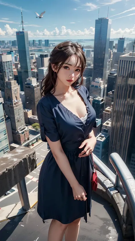 (Highest quality, masterpiece:1.2), High angle shot of a woman taller than a skyscraper, 上空側から撮影した航空photograph, She looks up at the camera, Cat in the face, Super giant, 5000 ft tall giantess, Make the city smaller, Micro City, Giga Giant, Depth of written...