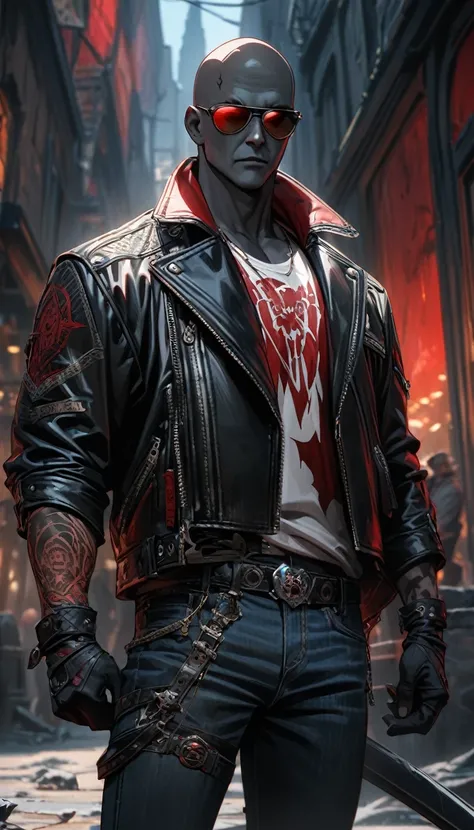 Adult guy, black skin, bald, tattoo, red eyes, black leather jacket, jeans, sunglasses, vampire hunter, half vambire, Masterpiece, best quality, Full HD, 8k, ultra details, great graphic