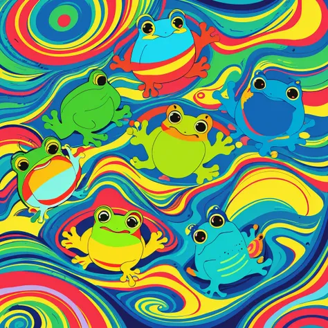 Vector art, A colorful illustration of many frogs, In the center, Swirling vibrant colors, Paint splashes and stains, high detail,Hawaiian style background