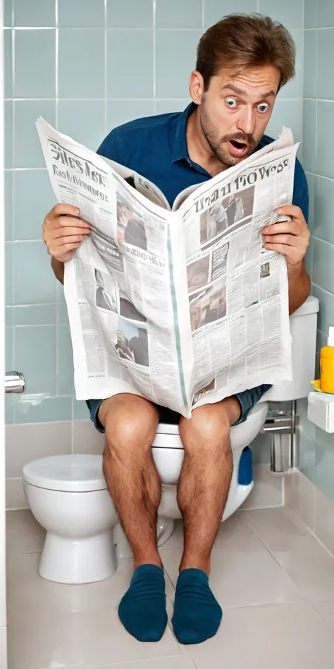 Realism，photography，8K,detail，Man sitting on toilet and reading newspaper，Exaggerated facial expression