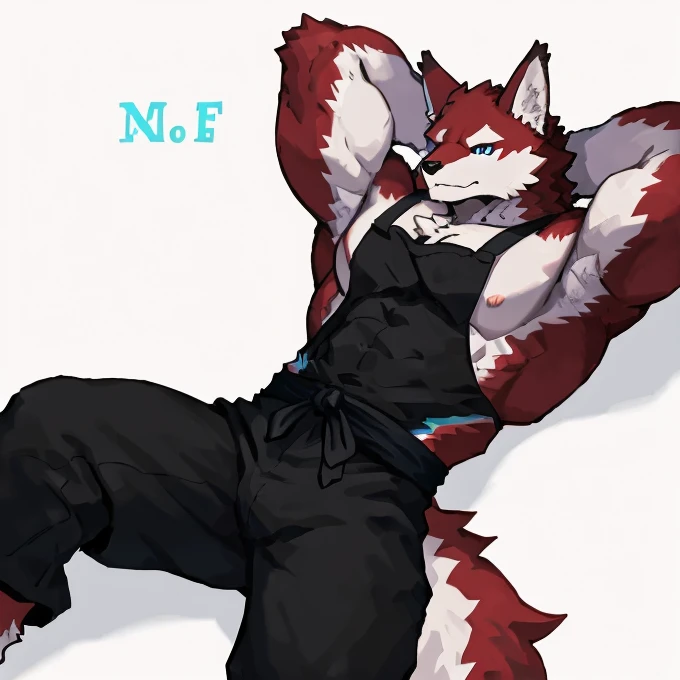 1 chico, Alone, anthropology, lobo, furry, white and red fur, A place where people congregate. bright blue eyes., Big pink, with big abs, muscular., elegant, apron, black pants, shirtless, Lay on the floor, sleep, high quality, super detail, 1080P, high qu...