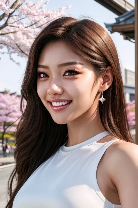 detailed soft lighting, beautiful Seolhyun (KPop star), sparkly tight dress, walking in Kyoto, cherry blossoms, flirtatious smile, flowing hair, (realistic:1.37),(4k, best quality, masterpiece:1.2), ultra-detailed, physically-based rendering, kodakvision c...