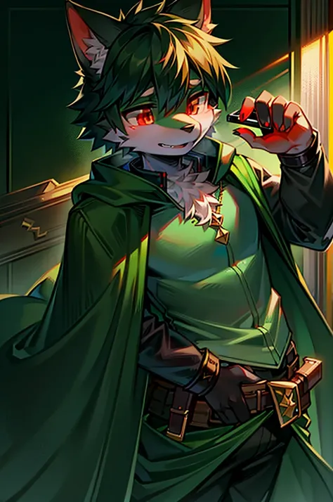 One Chico, Wolf, Green and black fur, young people, Two red eyes，There is a green ring on the hand，There is a cape around the neck，Wearing green combat uniform，Mobile phone holding a long sword