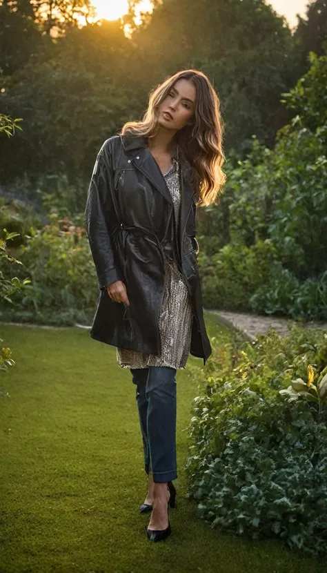 golden hour, garden, back lighting, fashion shoot, looking at the camera, dynamic pose, in the style of vogue, warm lighting