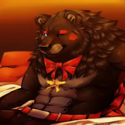 there is a bear with a red bow tie sitting on a bed, pov furry art, furry chest, furry art!!!, very very beautiful furry art, furry anime, furry furaffinity, furry art, fursona furry art commission, professional furry drawing, furry brown body, furry furso...