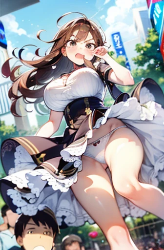 In the middle of a crowd、Center of attention、blush、Angry face、Wavy Hair、Big Tits、Huge breasts、White underwear、Brown Hair、Handsome、blush、28 year old sister