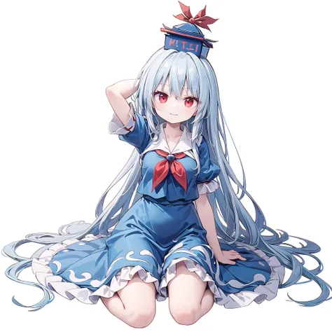 (((one women))),kamishirasawa keine (touhou),red eyes,long hair,two-tone hair,white hair, blue hair,sidelocks, bangs,blue headwear,blue dress,collared dress, puffy short sleeves,red neckerchief,blue skirt,(((smile))),(((full body))),(((arm behind head))),(...