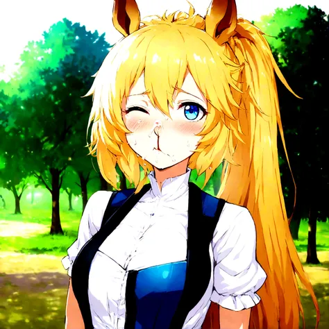 Anime Centaur.1 girl. Cute girl. Centaur girl, Half-human. Monster girl. Centaur. The girl is a horse. Blonde. Long hair. Hair ornament. Her hair is pulled back into a high ponytail. Blue eyes. Beautiful eyes. Perfect eyes. Expressive eyes. Ideal face. Fac...