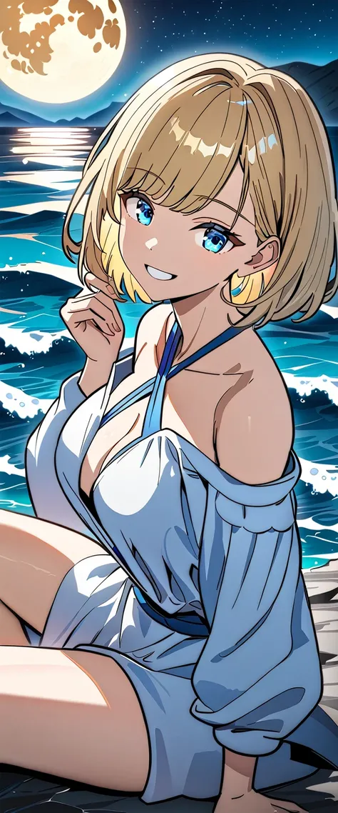 ((grin)), ((off-shoulder dress:1.3, criss-cross halter)), ((sundress)), ((plunging neckline)), ((blond hair, bob cut:1.3)), ((sunglasses, hand to sunglasses)), (((from side))), ((((upper body)))), bare legs, (((A night sky stretching under a full moon, sta...