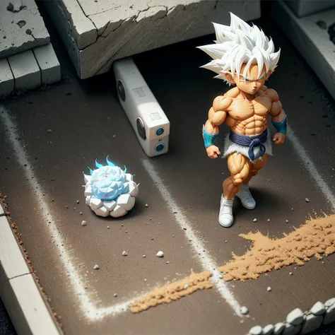 Goku, super saiyan, exquisite hair, arm depiction, white and blue hair body, exquisite shoes, eye depiction, exquisite hair, popmart blind box, clay texture, stepping on the land, black and white background, natural lighting, most good quality, super detai...