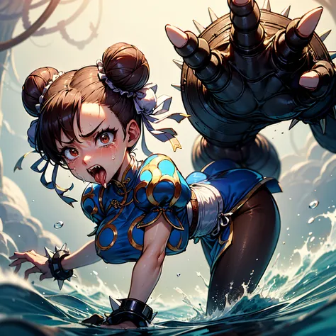 masterpiece,highest quality,Very detailed,One girl,alone,Scared,Panic,The pupils constrict,shout,Raise your eyebrows,Eyes Wide Open,Are crying,tears, Ah ah,((chun-li)),sf2 chun,hair buns, covered buns, chinese dress, qipao, blue outfit, spiked bracelets, p...