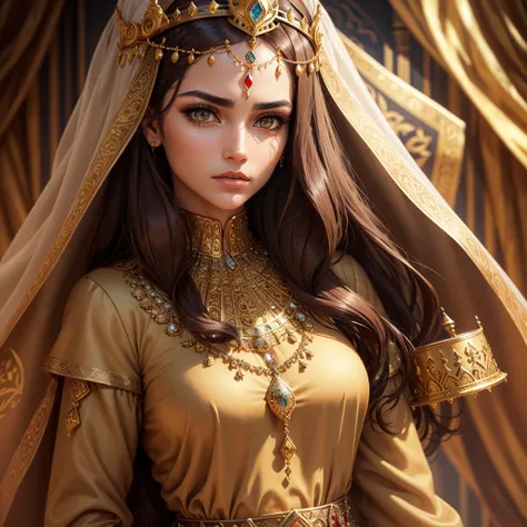 a beautiful arab princess, detailed face, beautiful brown hair, side eye, dramatic side eyeing,detailed clothing, jewelry, detailed golden crown, highly detailed, 4k, ultra-realistic, photorealistic, intricate details, dramatic colors