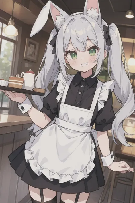 One girl,Cafe Waitress,Silver Hair,Twin tails,Rabbit style,apron,garter belt,Cat ear,Grin,Open your mouth,cute,eye_green