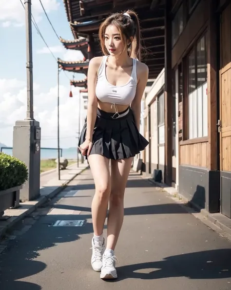 Beautiful Chinese waifu, early 30s, brunette hair, cropped vest, pleated skirt, trainers