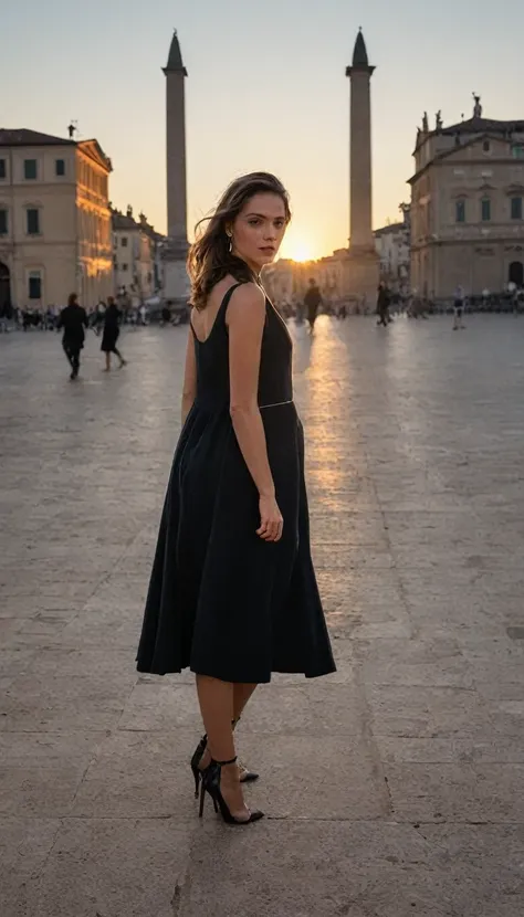 golden hour, piazza del popolo, back lighting, fashion shoot, looking at the camera, dynamic pose, in the style of vogue, warm l...