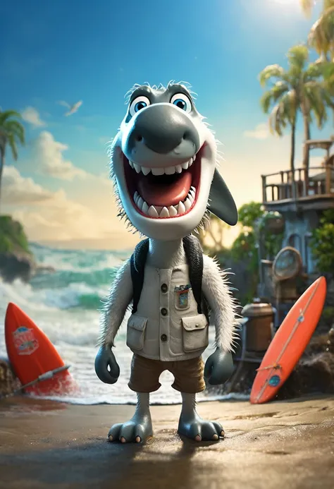 映画のような写真アニメーションのProfessionalモーションポスター、The main character is a cute and cool great white shark like Jaws、surfer、Cool pose、(cute、interesting:0.7)、Adventure Fantasy、Bokeh、Professional、4K、Very detailed