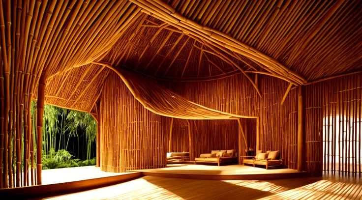 bamboo architecture, natural materials, organic forms, sustainable design, airy structures, intricate patterns, traditional craftsmanship, innovative construction, serene, harmonious, eco-friendly architecture