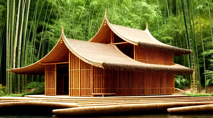 bamboo architecture, natural materials, organic forms, sustainable design, airy structures, intricate patterns, traditional craftsmanship, innovative construction, serene, harmonious, eco-friendly architecture