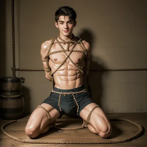  (((19 year old boy, skinny, lean))), smiling (((wearing gym shorts)))  kneeling, ((((Trussed up completely with rope)))), ((((very tight rope crossed over chest)))),(((body in tight shibari ropes))) sweating, wet skin, in a dungeon with candles and a fire...