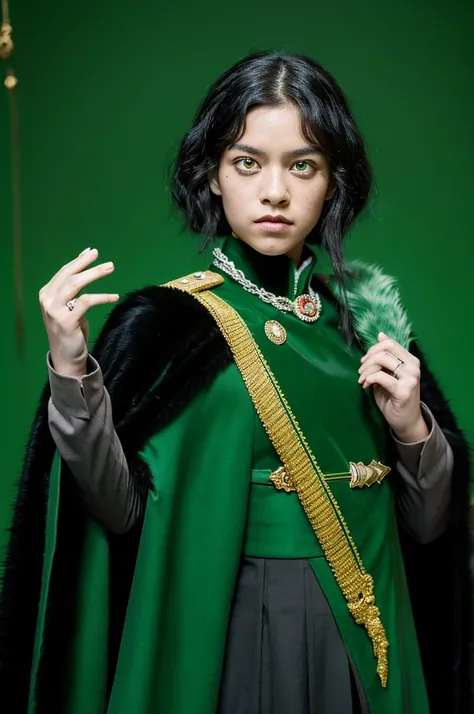 One Chico, Wolf, Green and black fur, young people, Two red eyes，There is a green ring on the hand，There is a cape around the neck，Wearing green combat uniform，With a long sword in hand