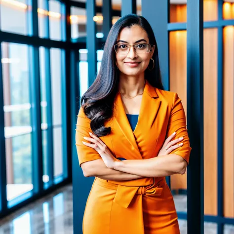 arafed woman in glasses standing in a lobby with her arms crossed, waist up portrait, sophisticated young woman, young business woman, front portrait, confident looking, portrait of a beautiful, wearing business casual dress, fotografia, smart looking, por...