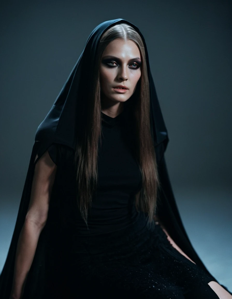 Fashionable of androgynous alien looking witch wearing veil, glowing eyes, beautiful evil slavic muscular woman, pale skin, long hair, futuristic design, minimal details, givenchy, photoreal, 200mm, hd, f/ 2.0, highly detailed, surreal, sitting, light smil...