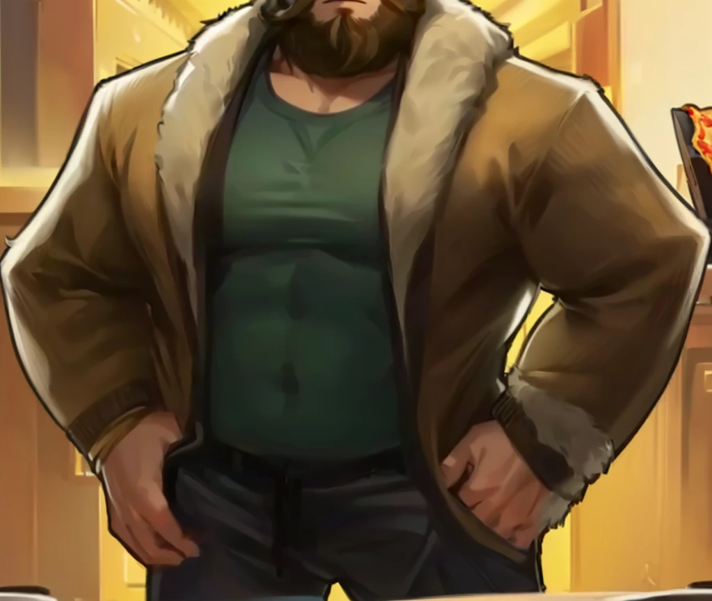 cartoon man with a beard and a beardless face standing in front of a table with a pizza, mid-shot of a hunky, heavy gesture style closeup, fluffy chest, (sfw) safe for work, halfbody portrait, buff man, full-body character portrait, furry chest, big chest,...