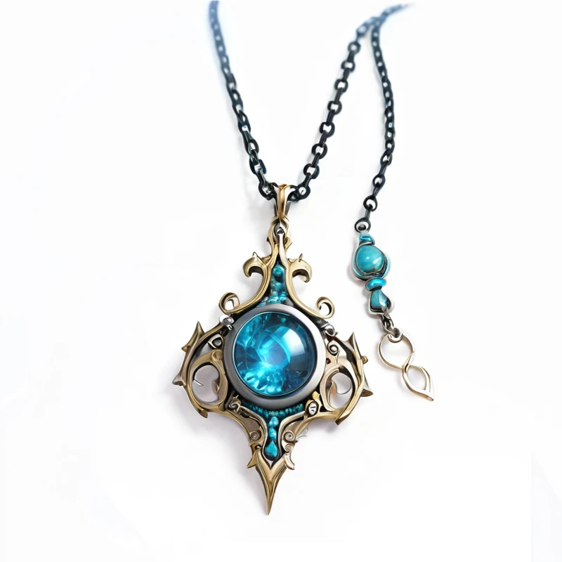 There is a blue glass pendant，With a silver chain, Shadowverse Style, author：Eugenius Zach, Gold Turquoise Steampunk, Blue Jewels, Magic amulet, blue adornements, Deco Gothic - Cyberpunk, author：Maximilian Vanka, author：Lisa Nankivil, From《Lineage 2》, neck...