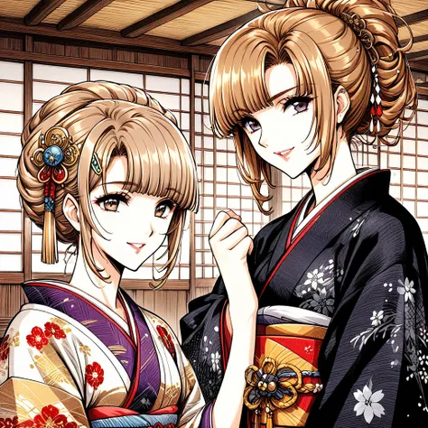 ((Highest quality)), ((masterpiece)), (detailed), （Perfect Face）、（That woman is Princess Leona., Long light brown hair and a happy smile, Located in a luxurious samurai residence.、The woman is wearing a gorgeous Japanese kimono with rich embroidery., Her h...