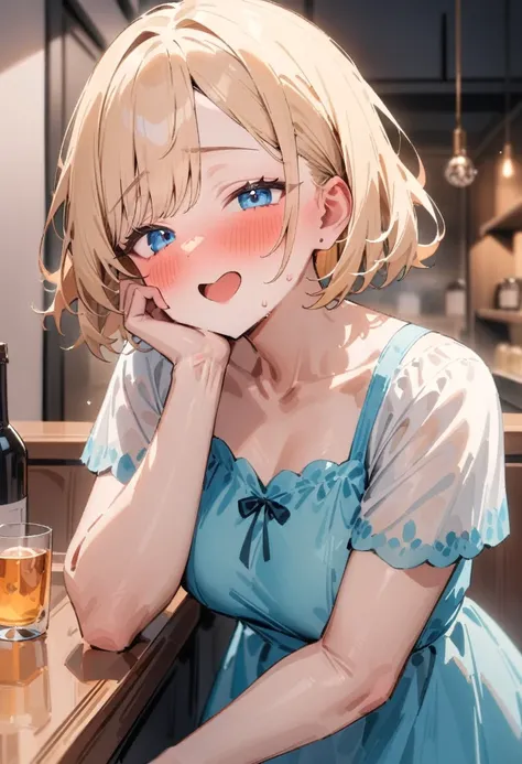 masterpiece, best quality, very aesthetic, absurdres, newest, 1girl, solo, asymmetrical bangs, tareme, looking at viewer, blush, drunk, short hair, open mouth, blue eyes, dress, blond hair, short sleeves, short sleeves, indoors, hand on own face