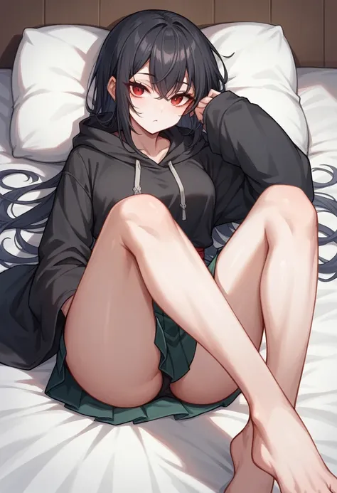 A girl with long black hair is sitting on the bed　Wearing a hood　He wears a black hoodie underneath his beautiful black ninja kimono.　Red eyes　She is wearing a black pleated skirt　White skin　tall　With bangs　Beautiful face　Thin legs　Smooth, long, straight h...