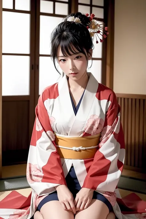 A beautiful woman in a kimono is tied up and tortured