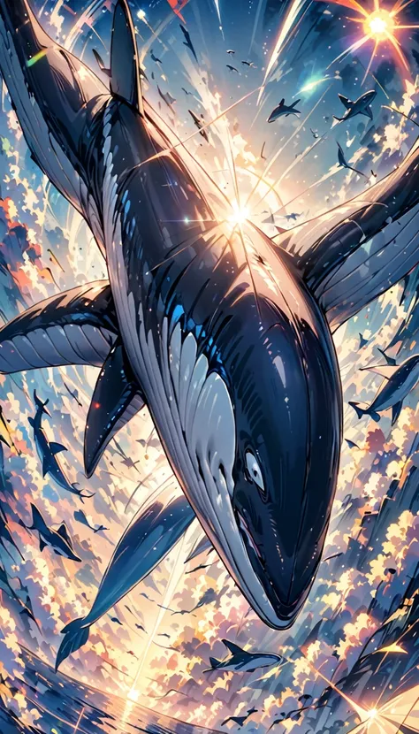 A whale flying like an airplane, Solar flare、Whales are depicted faithfully to reality、Refreshing