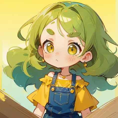 (masterpiece, Highest quality:1.2), (2 head body chibi character:1.1), Yellow-green hair, Wavy Hair, Top of the head, Yellow-green eyes, Wink, Yellow off-shoulder blouse, Denim shorts, Short bangs, Thick eyebrows, Round necklace, A gentle atmosphere, Worri...