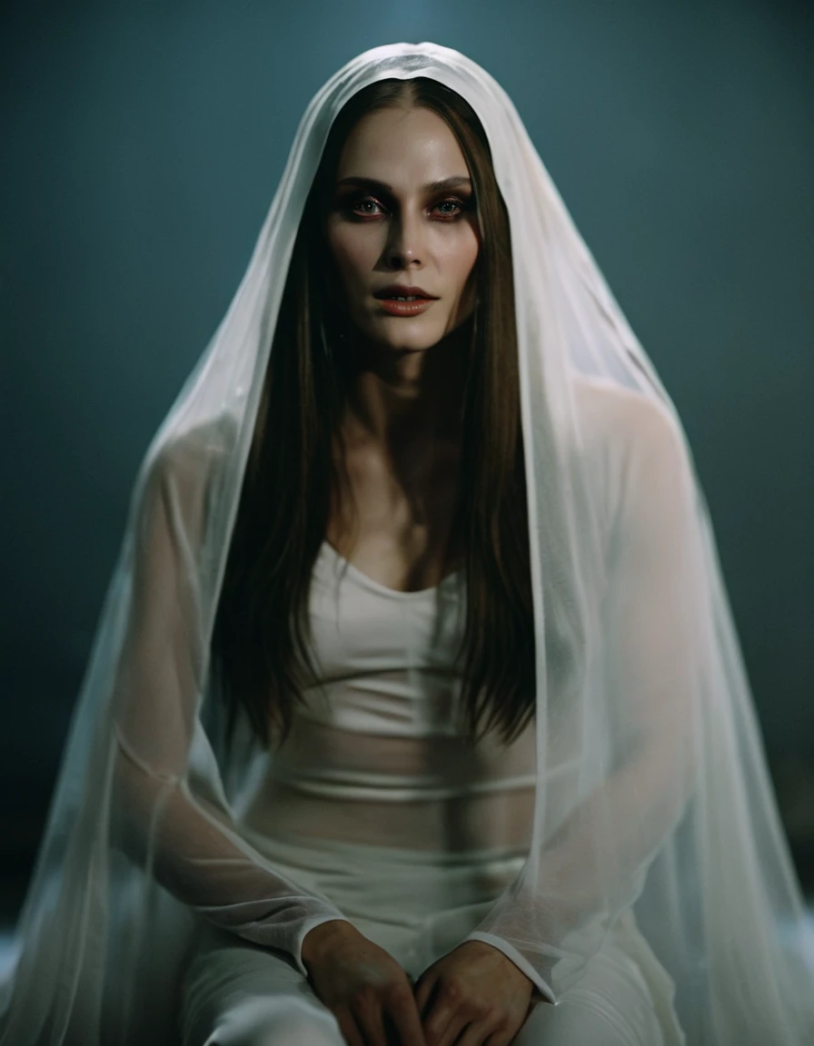 Fashionable of androgynous alien looking witch wearing veil, glowing eyes, beautiful evil slavic muscular woman, pale skin, long hair, minimal details, givenchy, photoreal, 200mm, hd, f/ 2.0, highly detailed, surreal, sitting, light smile, simple white sty...