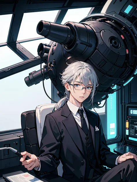 （Mastepiece）（High definition）Japanese male android in his 20s、Gray Hair、ponytail、hat、Tuxedo、tie、Wearing round rimless glasses、Sitting、It is connected to the machine by multiple cables.（charging）、background（A science fiction-like electronic world、A space th...