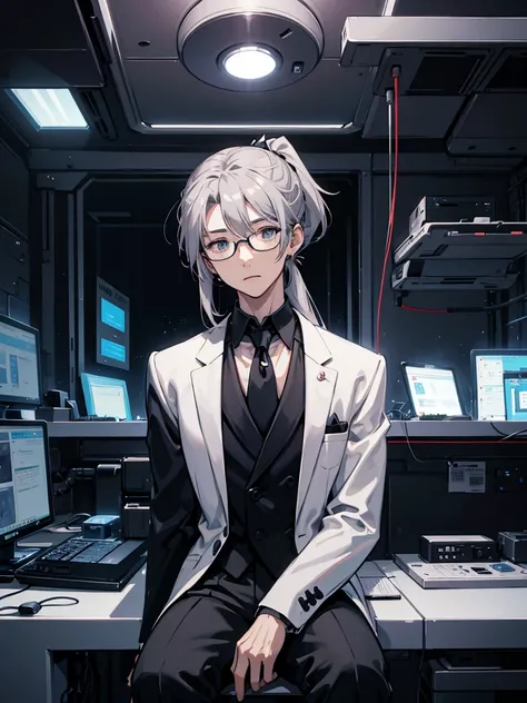 （Mastepiece）（High definition）Japanese male android in his 20s、Gray Hair、ponytail、hat、Tuxedo、tie、Wearing round rimless glasses、Sitting、It is connected to the machine by multiple cables.（charging）、background（A science fiction-like electronic world、A space th...